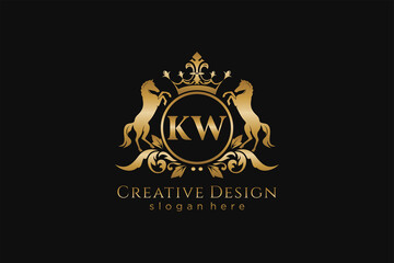 initial KW Retro golden crest with circle and two horses, badge template with scrolls and royal crown - perfect for luxurious branding projects