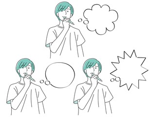 男の子09（手描き・鉛筆を持って何かを考える男性の上半身セット04）