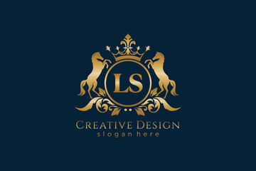 initial LS Retro golden crest with circle and two horses, badge template with scrolls and royal crown - perfect for luxurious branding projects