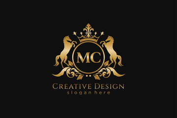 initial MC Retro golden crest with circle and two horses, badge template with scrolls and royal crown - perfect for luxurious branding projects