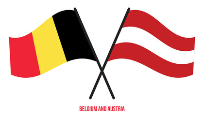 Belgium and Austria Flags Crossed And Waving Flat Style. Official Proportion. Correct Colors.