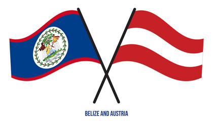 Belize and Austria Flags Crossed And Waving Flat Style. Official Proportion. Correct Colors.