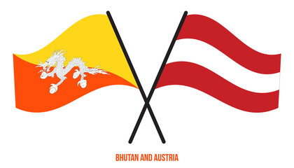 Bhutan and Austria Flags Crossed And Waving Flat Style. Official Proportion. Correct Colors.