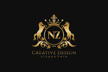 initial NZ Retro golden crest with circle and two horses, badge template with scrolls and royal crown - perfect for luxurious branding projects