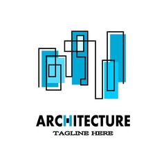 Architecture logo design. Vector construction company brand design with blue. Lines art look like a building or concrete. Abstract, elegant, and minimal design logo