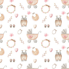 Seamless pattern for a baby. Watercolor illustrations of baby carriage and baby items.