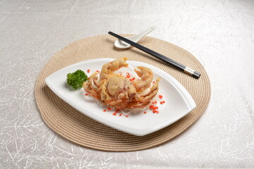 deep fried soft shell whole crab with spicy chilli crab sauce dip and crackers in white background asian halal seafood menu