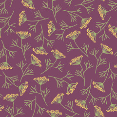 Dill branches seamless pattern on a purple background. Dill branches are scattered chaotically. Summer and autumn textile design. Flat vector illustration.