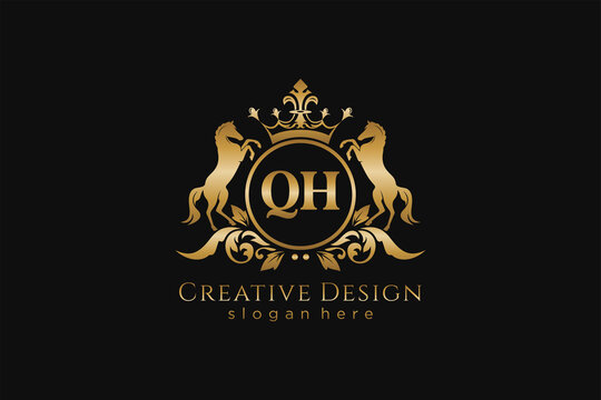 initial QH Retro golden crest with circle and two horses, badge template with scrolls and royal crown - perfect for luxurious branding projects