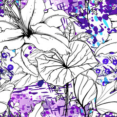 Fototapeta premium Floral Black White Pattern. Modern Watercolor