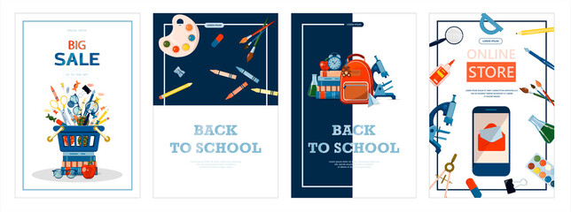 Back to school. Advertising banner, sale, online store, web. Stationery for school, university and office. Cartoon school supplies. Flat illustrations for elementary school. Bright cut out cliparts