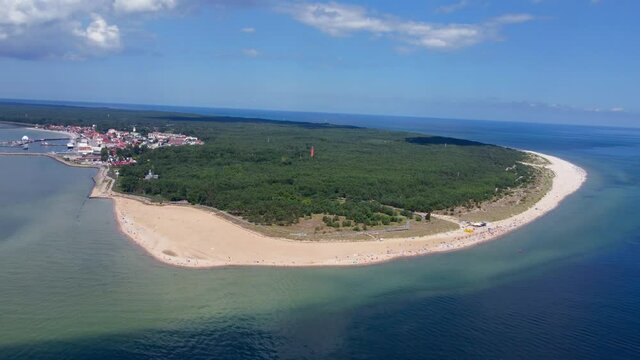 Aerial view on the end of Hel Peninsula on Baltic Sea at summer time in Poland.