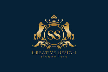 initial SS Retro golden crest with circle and two horses, badge template with scrolls and royal crown - perfect for luxurious branding projects