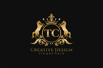 initial TC Retro golden crest with circle and two horses, badge template with scrolls and royal crown - perfect for luxurious branding projects