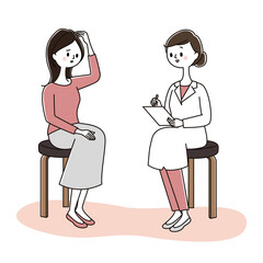 薄毛で悩み医師に相談する若い女性