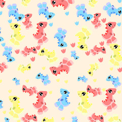 Fototapeta premium dinosaur vector seamless pattern on a pink background. Children's illustration in a cute cartoon style. Hand-drawn background is ideal for children's clothing, textiles, wallpaper, etc. EPS10