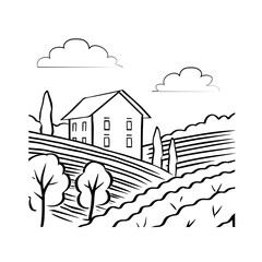 Vineyard fields and villa. Italian landscape. Wine label. Vector black and white illustration outline
