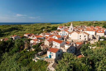 Aerial view of the Susak town, the Adriatic Sea in Croatia