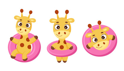 Set of cute little giraffe floats on pink circle. Funny cartoon character for print, cards, baby shower, invitation, wallpapers, decor. Bright colored childish stock vector illustration
