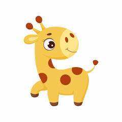 Cute little standing giraffe. Funny cartoon character for print, greeting cards, baby shower, invitation, wallpapers, home decor. Bright colored childish stock vector illustration.