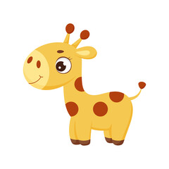 Funny little standing giraffe. Cute cartoon character for print, greeting cards, baby shower, invitation, wallpapers, home decor. Bright colored childish stock vector illustration.