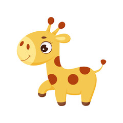 Cute little standing giraffe. Funny cartoon character for print, greeting cards, baby shower, invitation, wallpapers, home decor. Bright colored childish stock vector illustration.