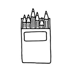 School set of pencils in a box doodle. Hand drawn illustration.
