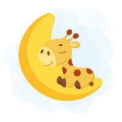 Cute little giraffe sleeping on moon. Funny cartoon character for print, greeting cards, baby shower, invitation, wallpapers, home decor. Bright colored childish stock vector illustration.