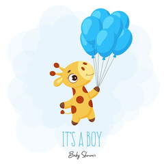 Baby Shower greeting card with cute little giraffe flying on blue balloons. Funny cartoon character with phrase 