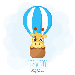 Baby Shower greeting card with cute little giraffe flying on blue hot air balloon. Funny magic unicorn cartoon character with phrase 