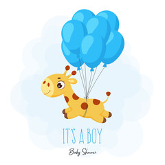 Baby Shower greeting card with cute little giraffe flying on blue balloons. Funny magic unicorn cartoon character with phrase 