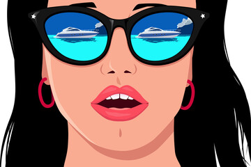 Reflection of a generic yacht or speedboat in the sunglasses of an amazed beautiful young woman, no real product or person depicted, EPS 8 vector illustration
