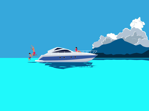 Family spending time on board of a generic small yacht or powerboat in a tropical landscape, EPS 8 vector illustration, no real product, person or place depicted 