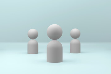 Group of gray human figures with arrows symbol of social distance, on a soft blue background 3d rendering illustration