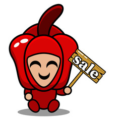 vector cartoon character of red pepper vegetable mascot costume sitting holding a selling board