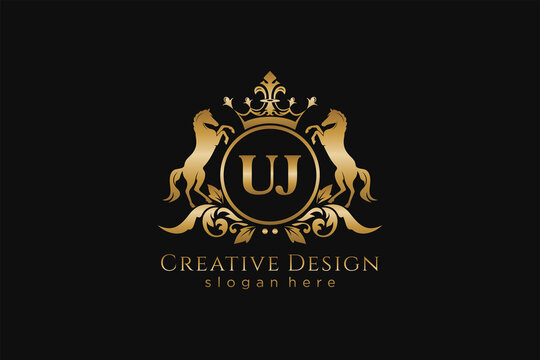 initial UJ Retro golden crest with circle and two horses, badge template with scrolls and royal crown - perfect for luxurious branding projects