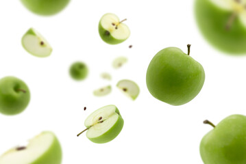 Stack of green Apple falling or flying.Creative levitation food