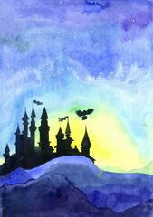 Fototapeta premium watercolor illustration of the castle silhouette at sunrise and a flying owl with a letter on a background of yellow and blue sky. fairy tale postcard