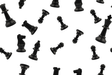 Black chess or chessman seamless pattern or falling with white background.Repeat object design. - obrazy, fototapety, plakaty