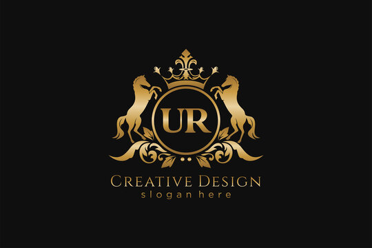 initial UR Retro golden crest with circle and two horses, badge template with scrolls and royal crown - perfect for luxurious branding projects