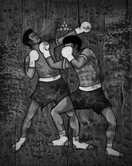Fototapeta na wymiar black and white , Art painting Acrylic color Muaythai , Thai boxing