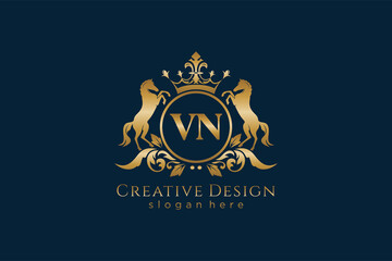 initial VN Retro golden crest with circle and two horses, badge template with scrolls and royal crown - perfect for luxurious branding projects