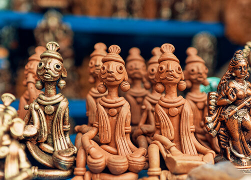 Famous terracotta handicrafts of Bishnupur, West Bengal. On retail display for sale.

