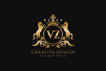 initial VZ Retro golden crest with circle and two horses, badge template with scrolls and royal crown - perfect for luxurious branding projects