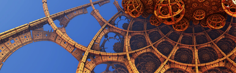 Abstract background, fantastic 3D gold structures, technology remains of an ancient civilization render illustration. 