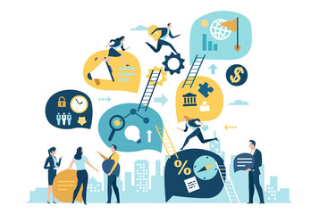 Growth. Career. Illustration of a team running up through business icons. Vector business illustration.