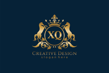 initial XQ Retro golden crest with circle and two horses, badge template with scrolls and royal crown - perfect for luxurious branding projects