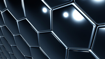 Hexagons black geometric background, perspective view of dark honeycomb pattern metallic shapes , 3D render technology illustration.