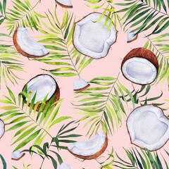 Watercolor coconut and palm leaves pattern on brown. Handdrawn tropical elements. Colorfull bright summer seamless background for textile, wallpapers, print and banners.