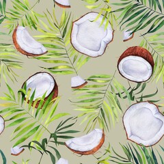 Watercolor coconut and palm leaves pattern on gren-gray. Handdrawn tropical elements. Colorfull bright summer seamless background for textile, wallpapers, print and banners.